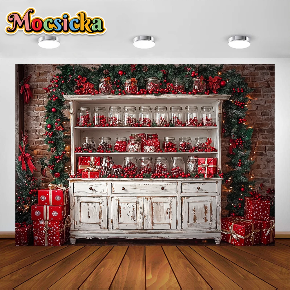 Christmas Kitchen Photography Background Xmas Tree Cabinet Gift Box Holiday Decor Kids Portrait Photo Backdrop Studio Props