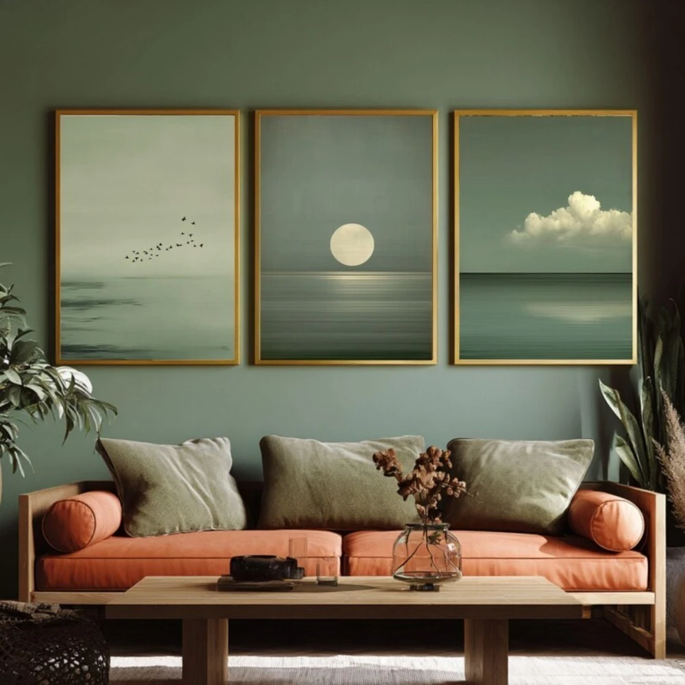 3pcs  frameless Japandi Wall Art Set of 3 Minimalist Sage Green Posters Scandinavian Zen Decor Wabi Sabi Calm Seascape Art Print