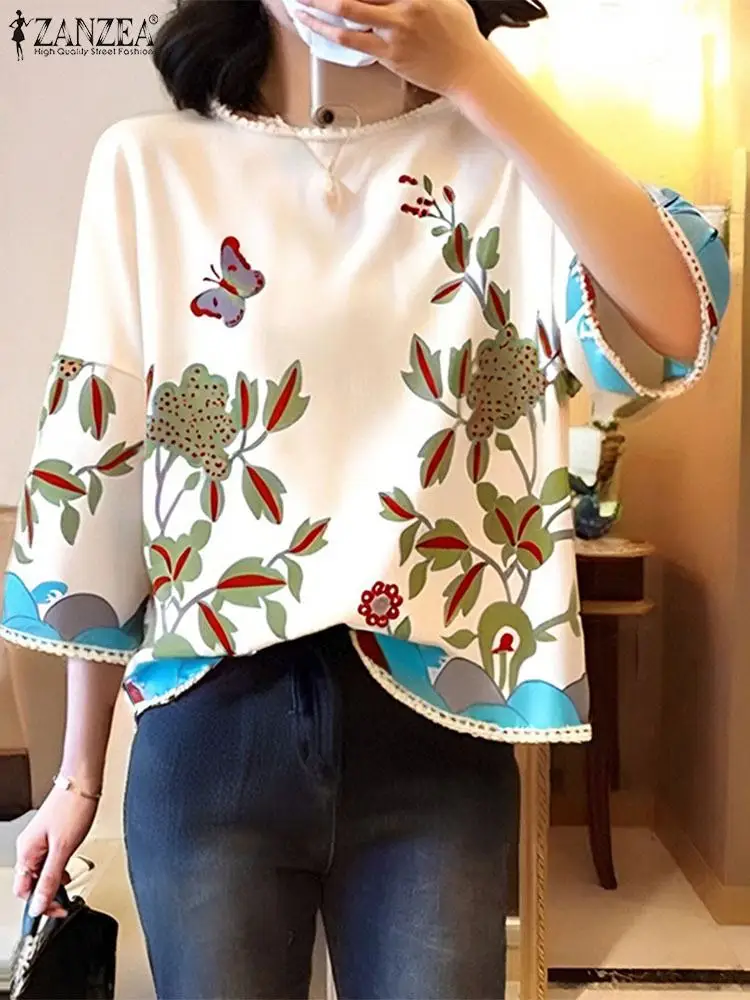 2024 Bohemian Printing O-neck Blusas ZANZEA Women Blouse Casual Loose 3/4 Sleeve Tops Korean Style Fashion Oversize Button Shirt