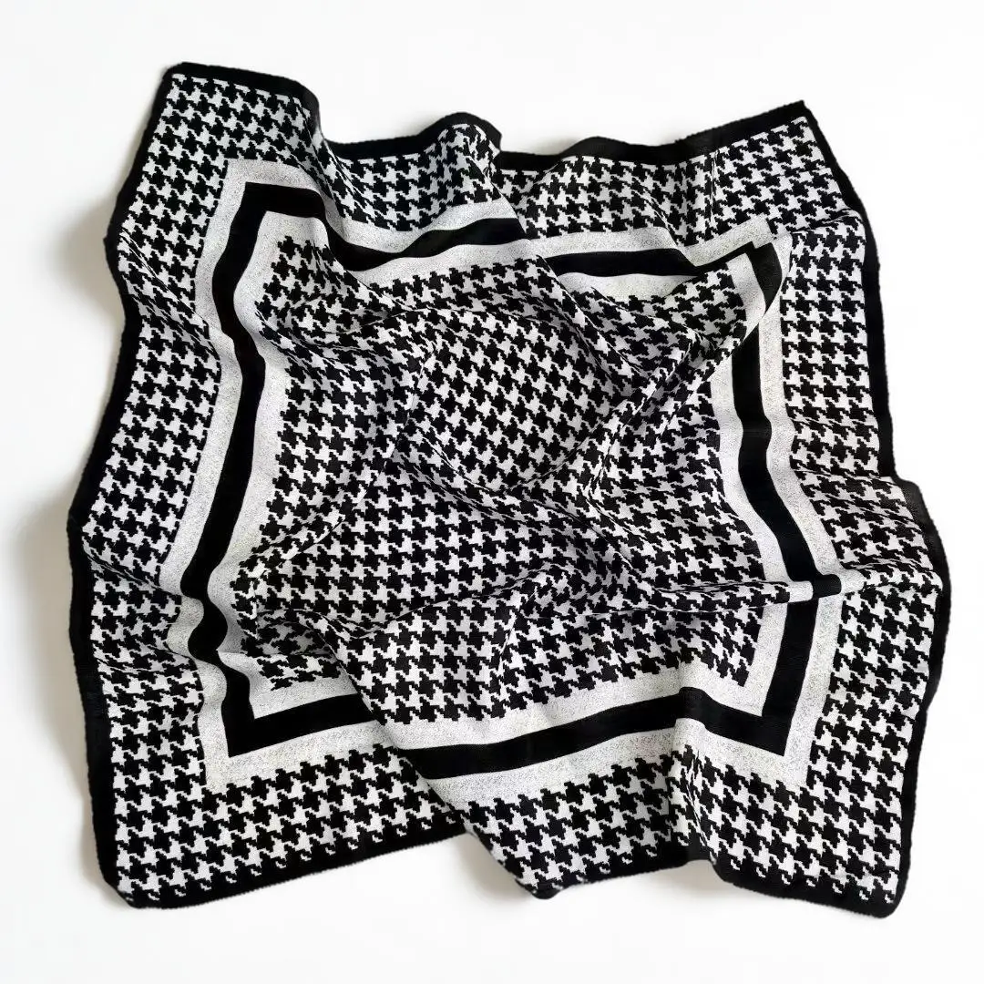 Luxury Houndstooth Square Silk Scarf For Women Soft Neck Scarf Shawl Warp Elegant Neckerchief Bandanas Paisley Print Hijab