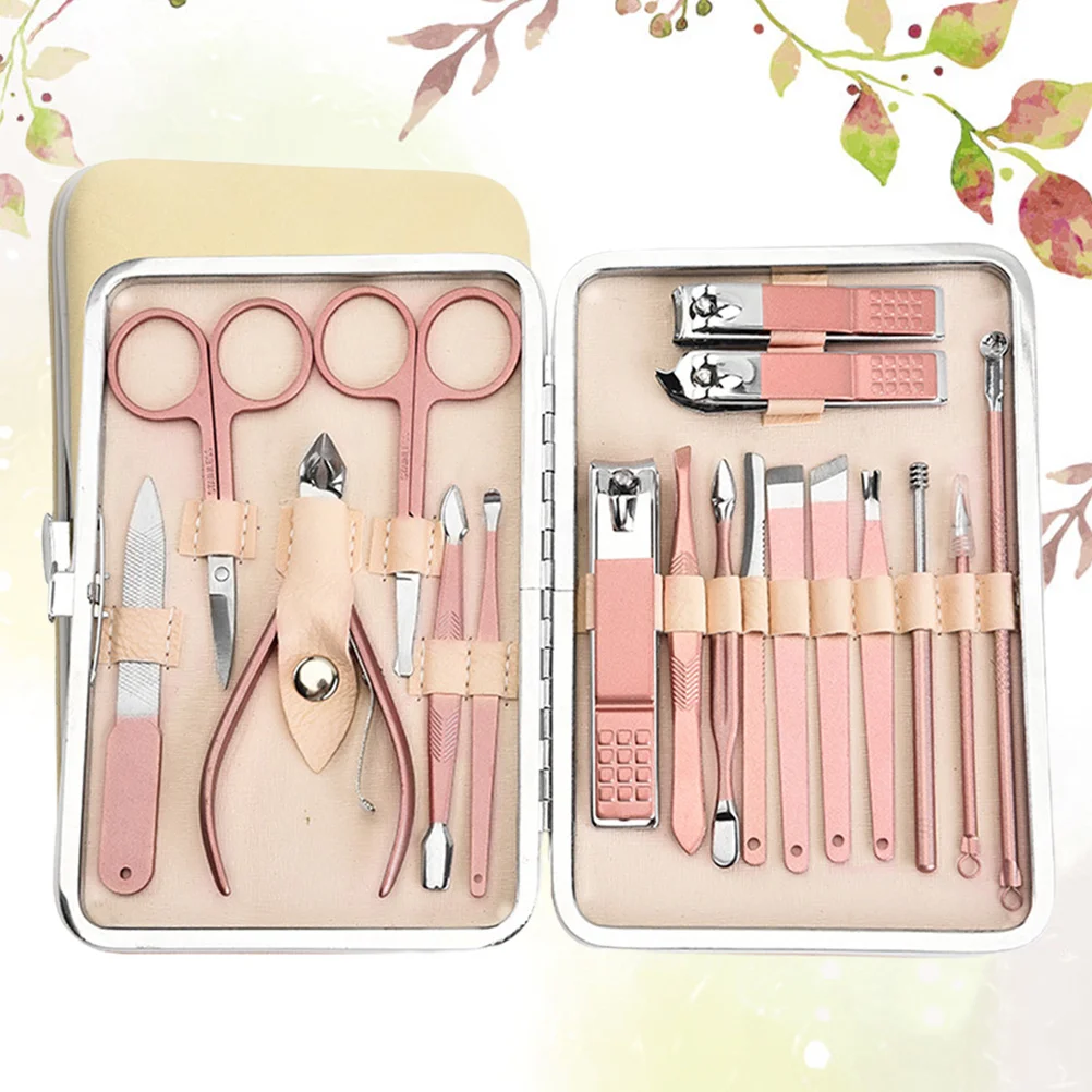 

18Pcs Professional Nail Art Tools Nail Clipper Cutter Trimmer Nail File Set Manicure Tool Set (Pink)