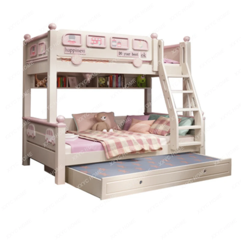 Children's Upper and Lower Bunk Bunk Bed Height-Adjustable Bed Girl Princess Bed Mother and Child All Solid Wood Combined Bed