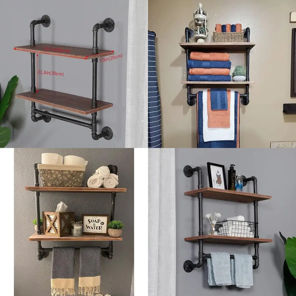 

Rustic Wooden 2-Tier Floating Shelves with Towel Bar for Bathroom Wall Mount