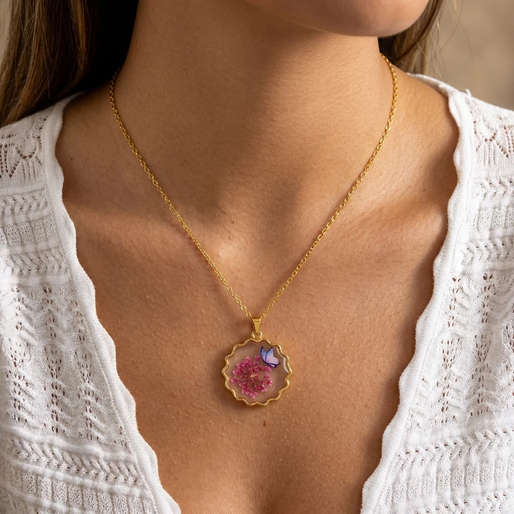 Romantic Vintage Gold Tone Necklace for Women Stainless Steel Flower Butterfly Pendant Scalloped Edge Elegant Daily Jewelry Gift