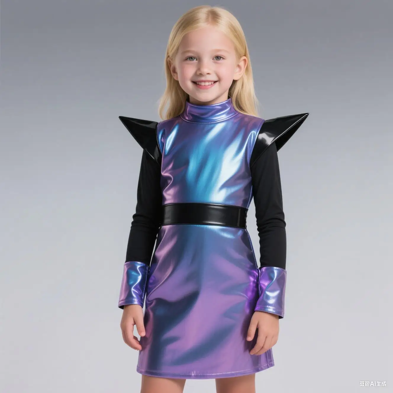 

Kids Girls Alien Cosplay Costume Patchwork Metallic Gloss Long Sleeve Dress for Halloween Fancy Alien Themed Parties Role Play