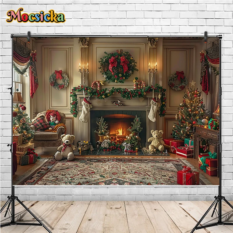 Mocsicka Winter Christmas Photography Background Fireplace Xmas Tree Holiday Party Family Kids Photo Backdrops Studio