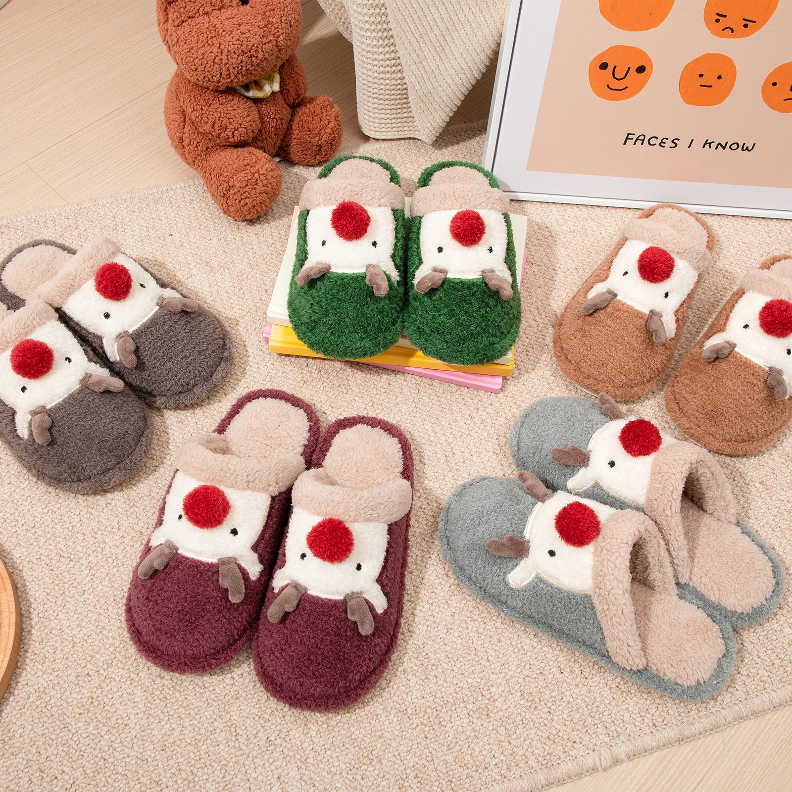 Feslishoet Winter Women Christmas Elk Plush PVC Slippers Non-Slip Cute Versatile Indoor Outdoor Comfort Men Cotton Slippers 