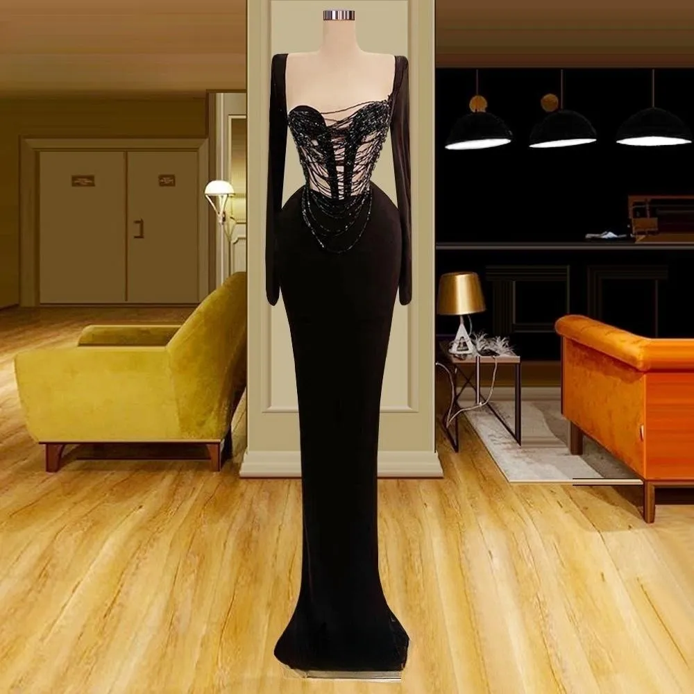 

Black Prom Dresses Sheath Sweetheart Long Sleeves Prom Gown Saudi Arabia Dubai Black Girls Evening Dresses Robe De Soiree