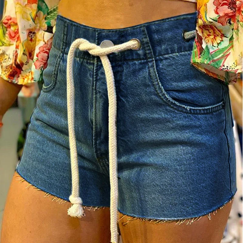 Jeans jeans curto bandagem casual feminino, shorts de cintura alta, moda feminina, novo, verão