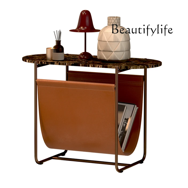 Italian-Style Light Luxury Newspaper Stand Marble Small Side Table Modern Leather Side Table Rose Gold Stainless Steel