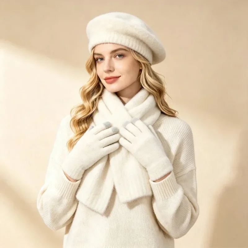 Women's Winter Wool Blend Beret Hat Scarf Gloves 3 Piece Set