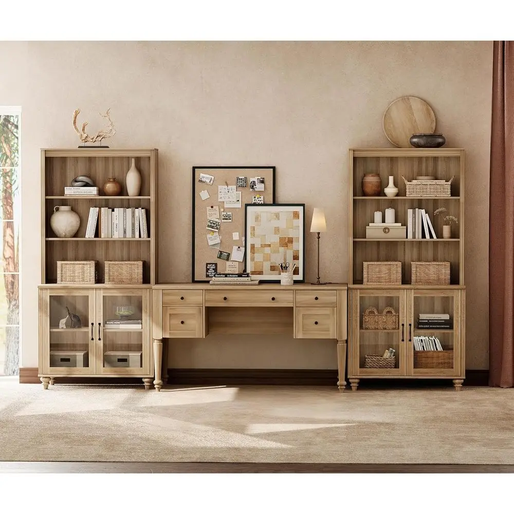 

56'' Executive Desk with Charging Port, 72'' Glass Door Bookcase, Oak Wood Desk with File Cabinet Storage