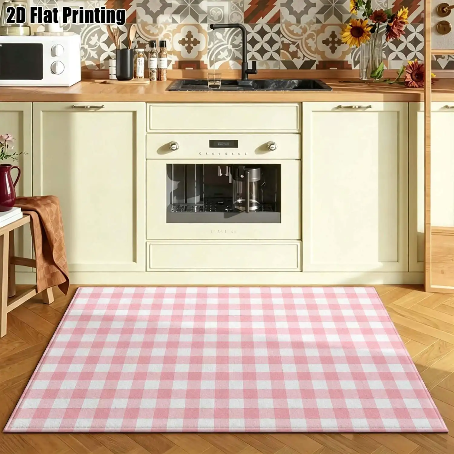 1Pc 2D Printed Pink Plaid Nordic/Instagram/Modern Minimalist Geometric Striped Fresh Carpets, Home Decor, Multi-Size, Machine Washable, for Entrance, Dining Room, Foyer, Bedroom, Living Room