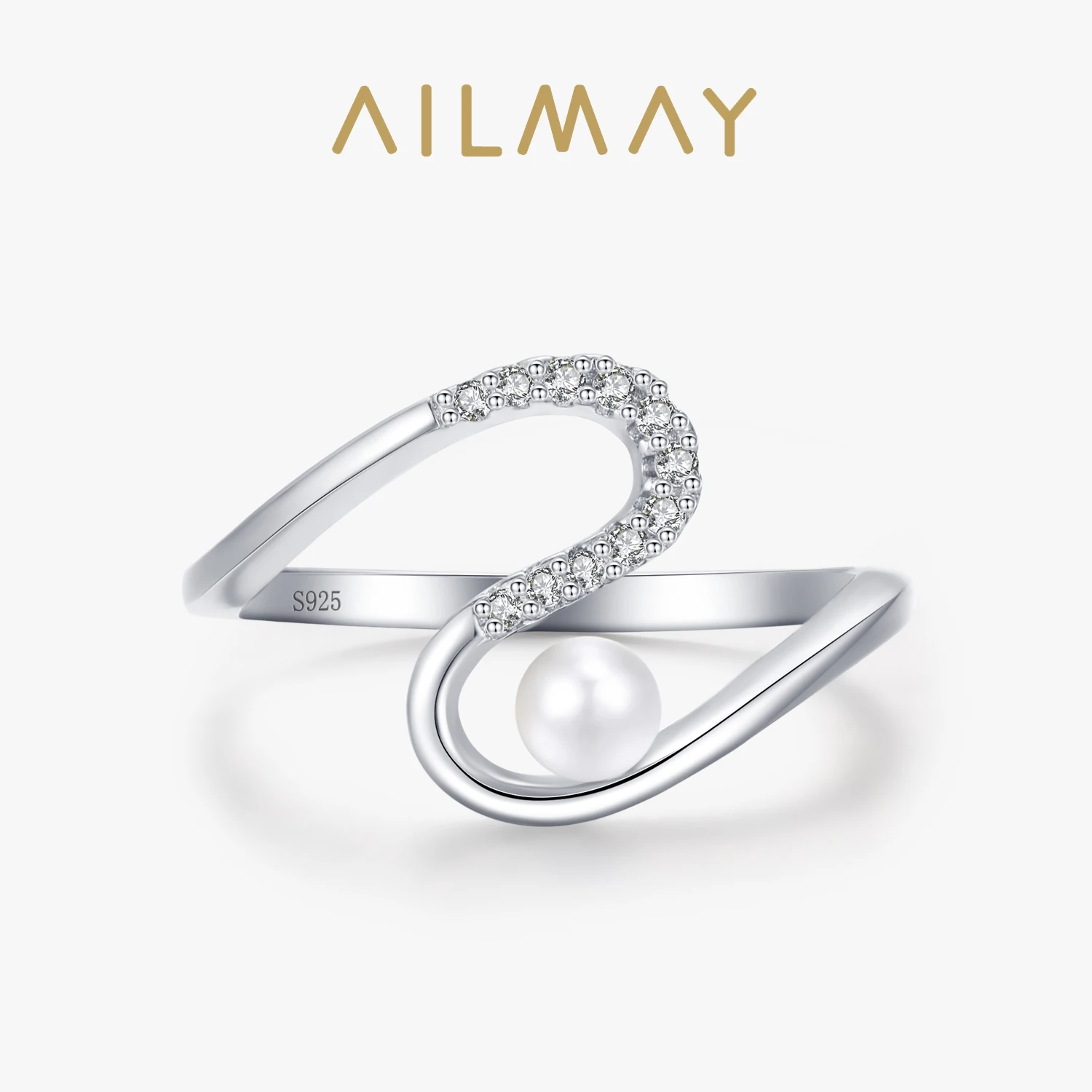 Ailmay Real 925 Sterling Silver Fashionc Elegant Pearl Wavy Shape Rings For Women Girls Party Accessories Jewelry New Sale 2021