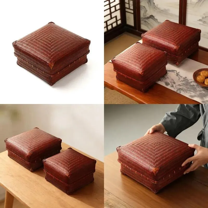 Handmade bamboo storage box, Japanese tea set with lid storage basket, desktop storage box