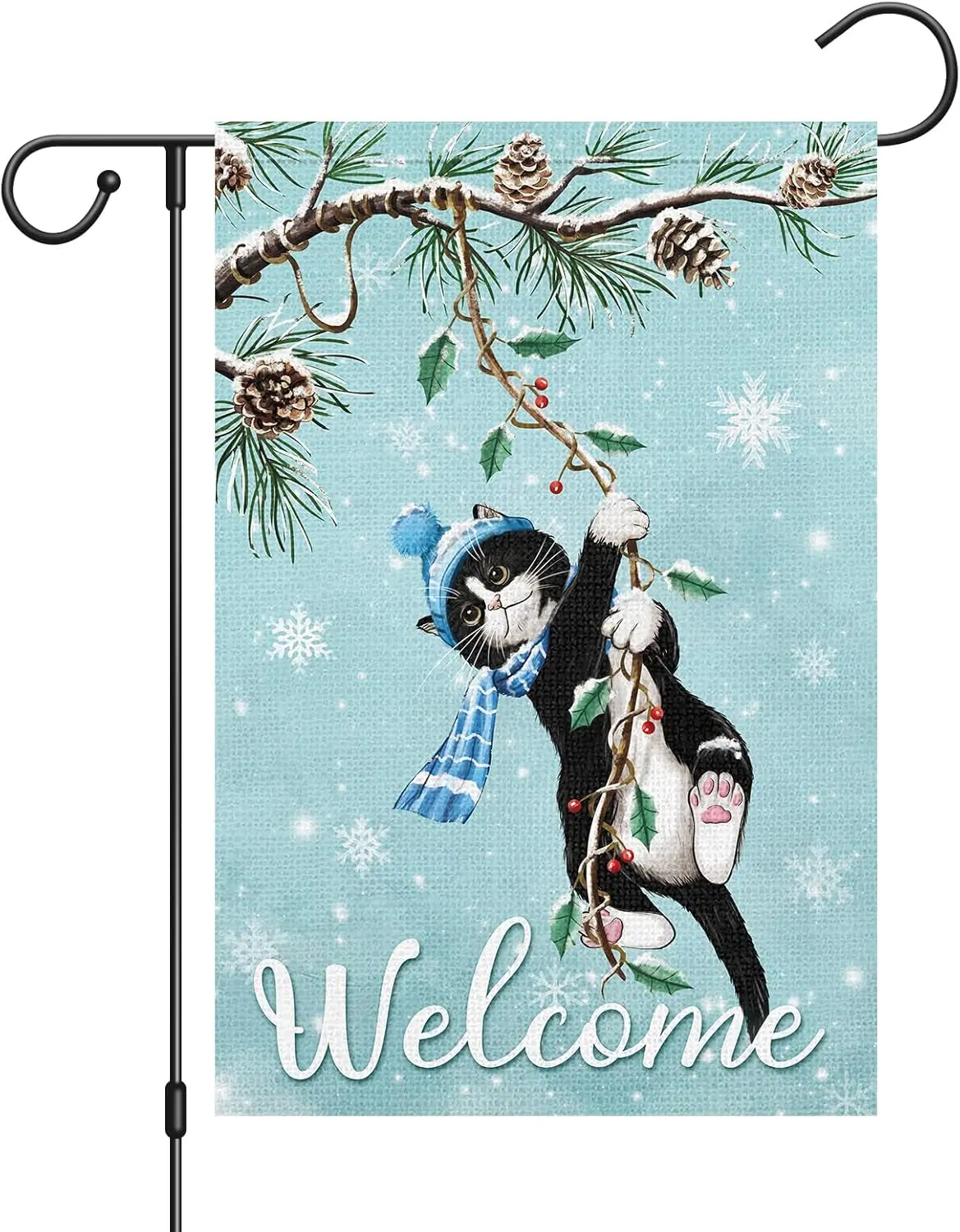 Louise Maelys Winter Cat Garden Flag 12x18 Double Sided, Burlap Small Snow Welcome Black Cat Garden Yard House Flags Winter Chri