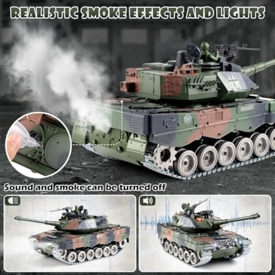 1:18 Remote Control Tank 2.4G Metal German Leopard II RC Tank with BBS Shooting Smoke Sound Lights Recoil Military Toy for Adul