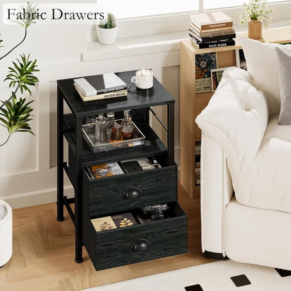 

Nightstands Set 2, End Tables with 2 Fabric Drawers, Bedside Tables with Hooks and Shelf, Side Tables for Bedroom/Living Room