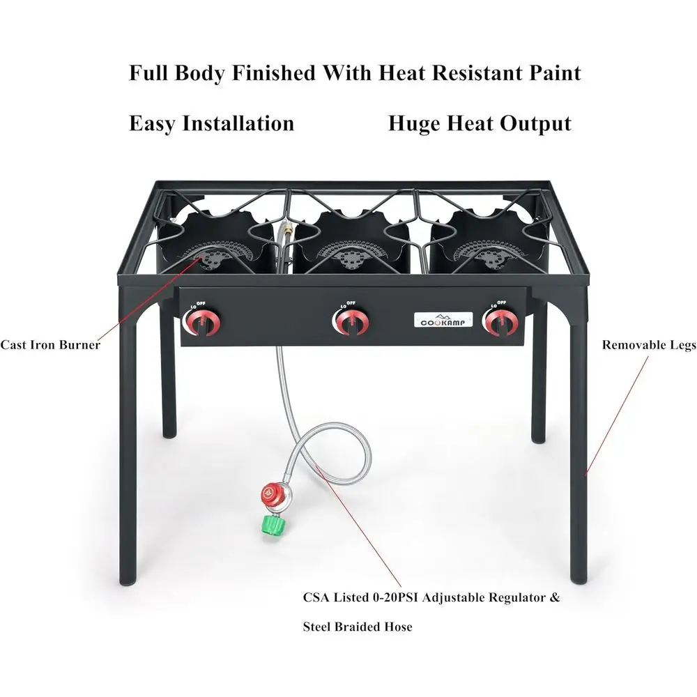 ارتفاع ضغط الثلاثي البروبان الموقد في الهواء الطلق البروبان موقد للتخييم مع 0-20 PSI قابل للتعديل منظم الضغط العالي وحمالة صدر الصلب