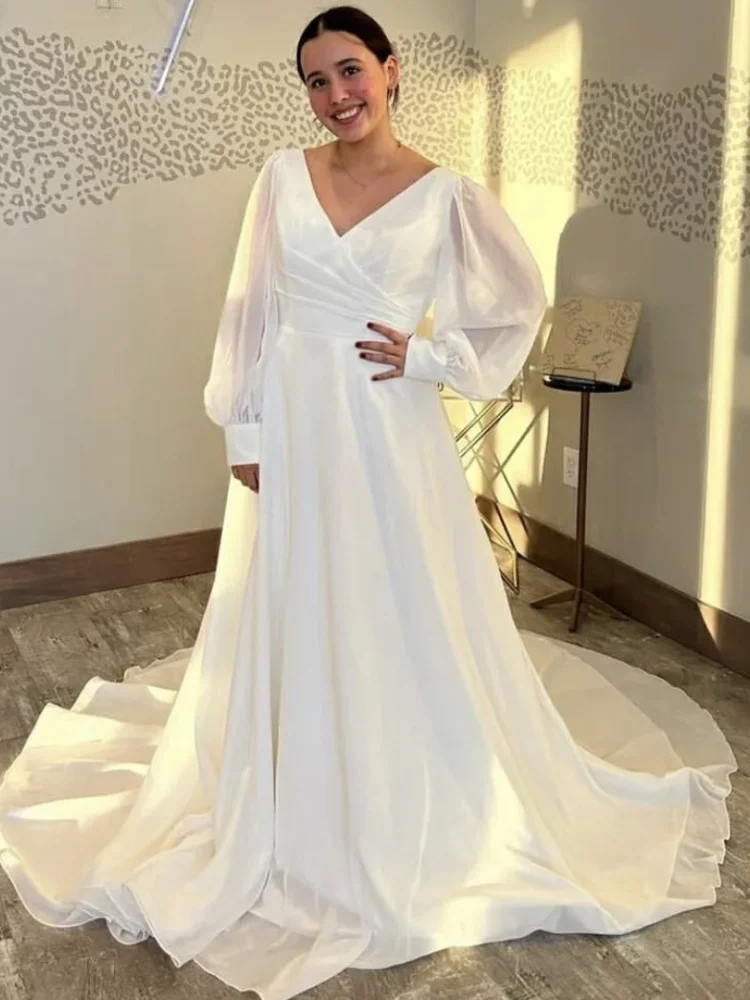 SONDR V-Neck Chiffon Bride Dresses Elegant Custom Made Backless Wedding Dress Puffy Sleeves Robe De Mariée Evening Gown Bridal