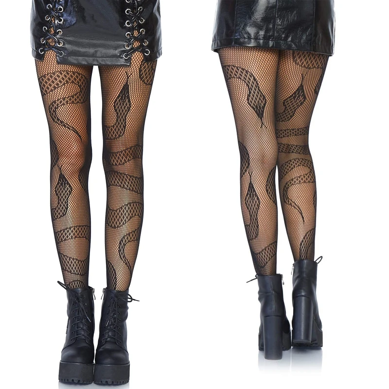 Women Dark Alternative Fishnet Tights Snake Jacquard  Pantyhose Club Party Hosiery Mesh hollow out Sexy personality Stockings