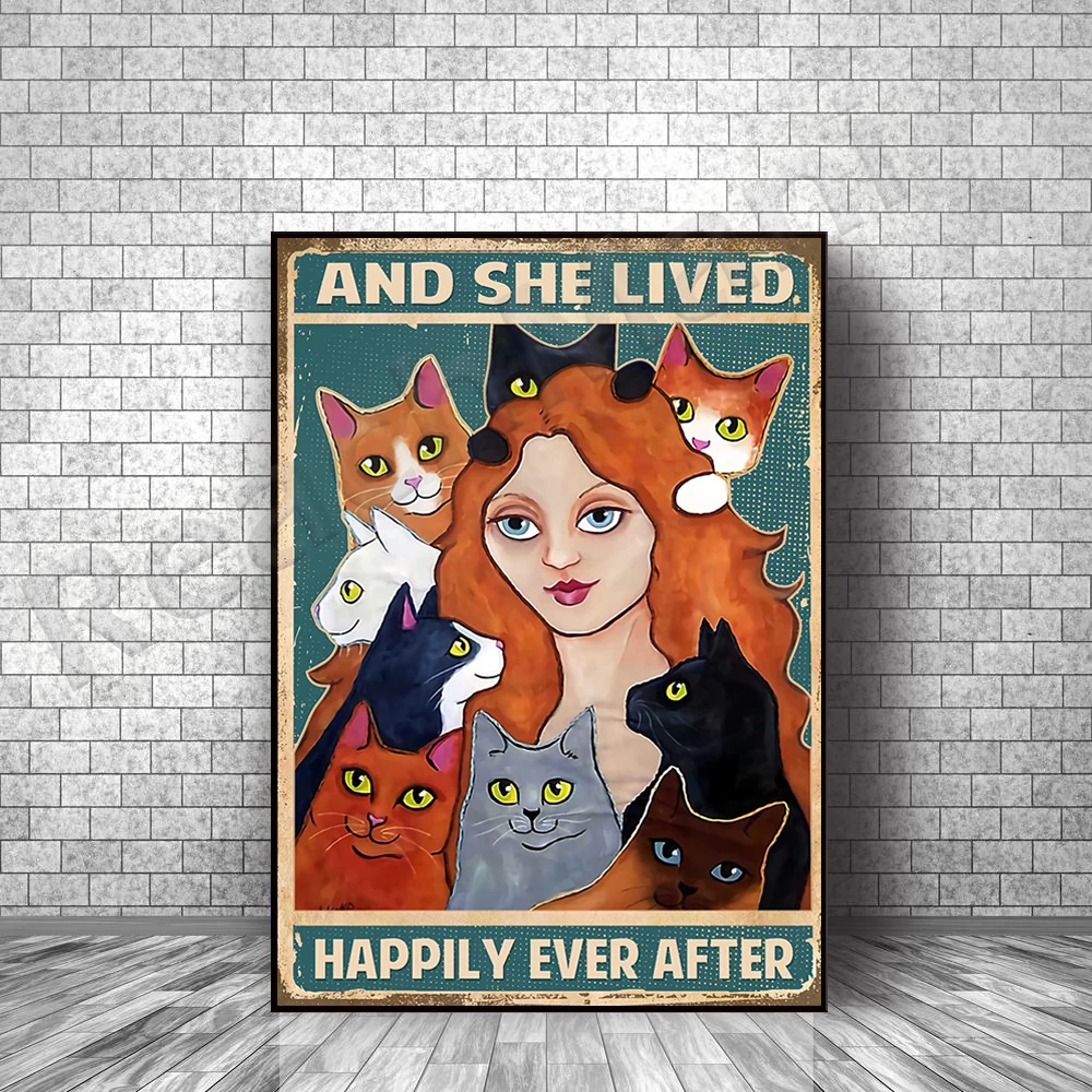 

Постер с изображением девушки и кошки, постер с изображением девушки, живущей счастливой жизнью, ретро-постер для любителей кошек, настенное искусство с изображением девушки, любящей кошек, подарок для владельца кошки.