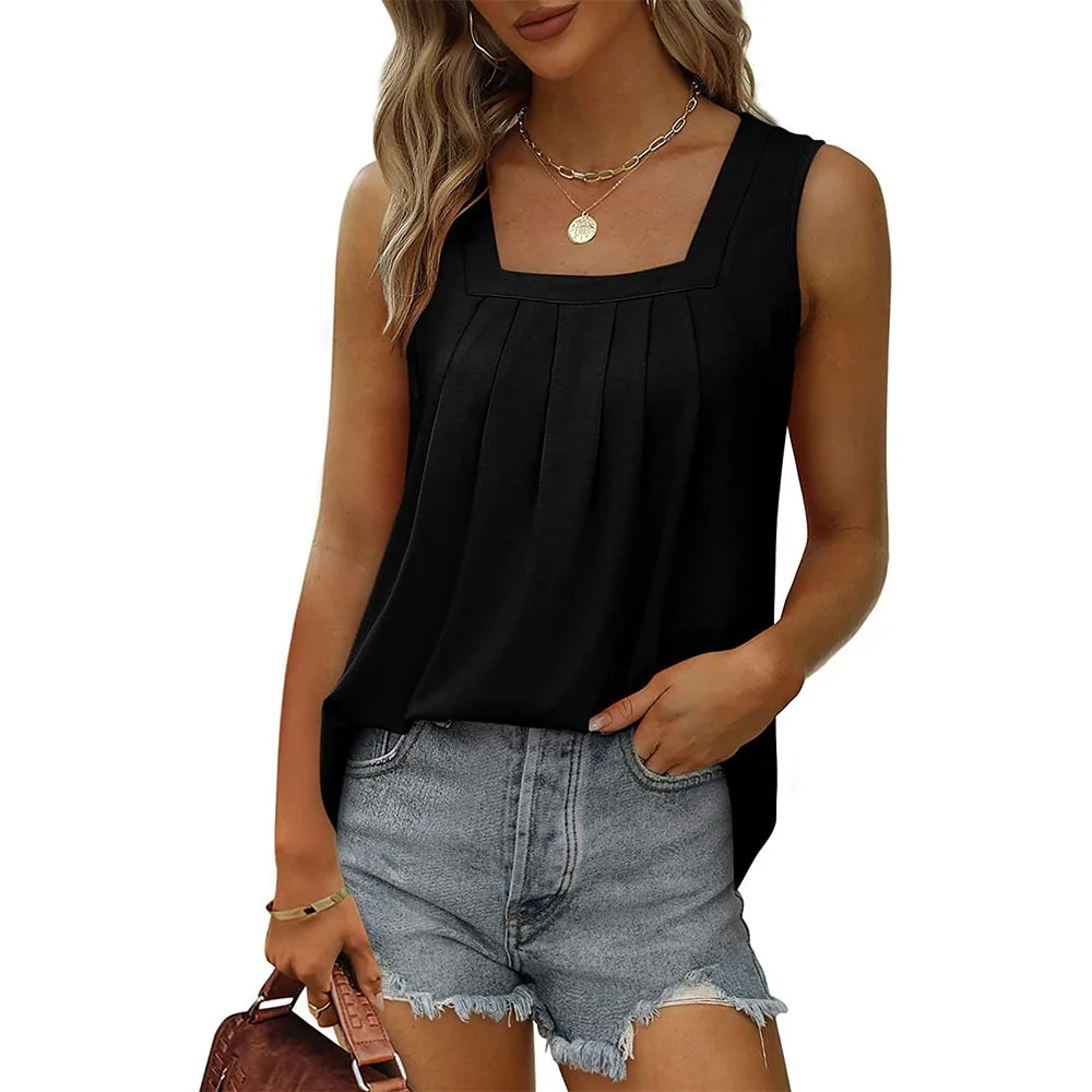 2025 Sleeveless Square Neck Vest T-Shirt Women's Solid Color Pleated Dovetail Suspender Fashion Inner Top