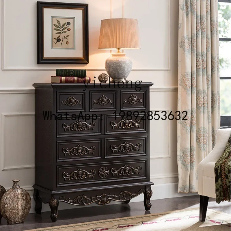 FZ six-chest cabinet solid wood retro engraved blue European living room bedroom drawer cabinet