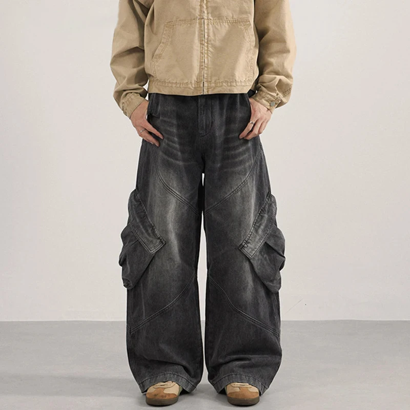 

American Style Men's Denim Pants Washing Side Lager Pockets Solid Color Loose Worn-out Male Curved Knife Cargo Jeans