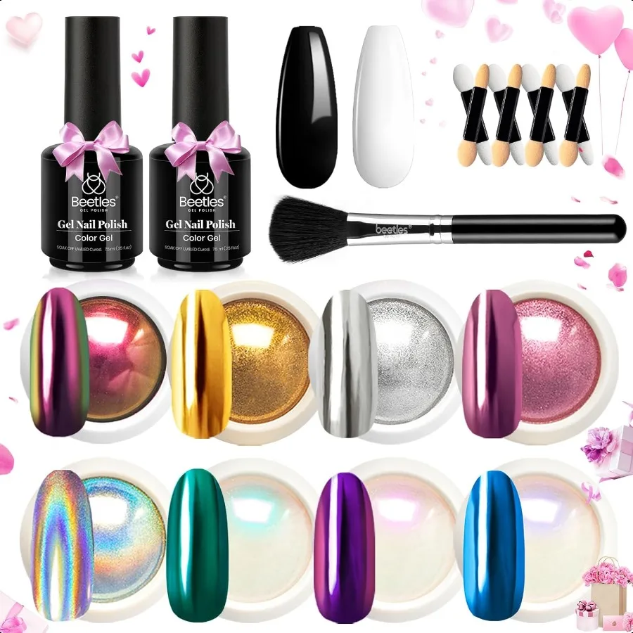 

Beetles Metallic Chrome Nail Powder Kit Black White Colors Gel Polish Mirror Effect Holographic Metallic Nail Polish Chrome Man