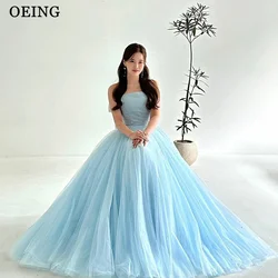 OEING Sparkly A Line Sky Blue Tulle Long Prom Dresses Elegant Korea Strapless Evening Gowns Bride Garden Formal Party Dress