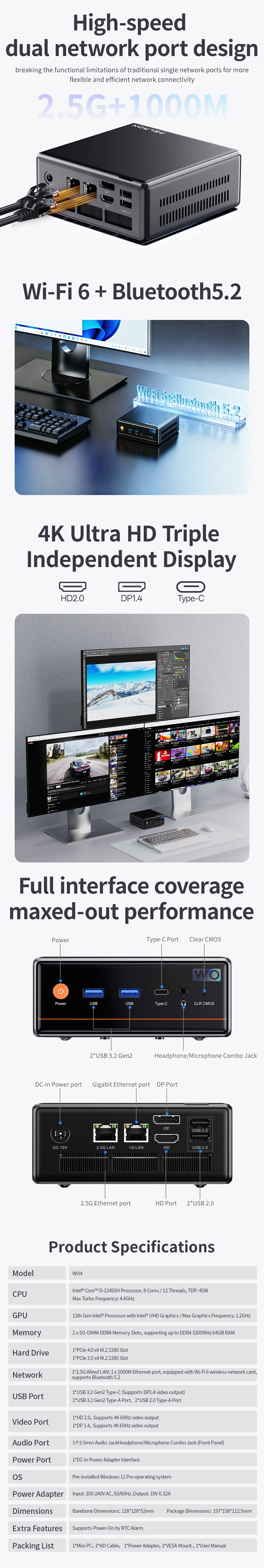 PELADN Mini PC Intel i5-12450H(up to 4.4GHz), WiFi 6/ BT5.2 3-Year Warranty Micro PC for Gaming & Office Barebone