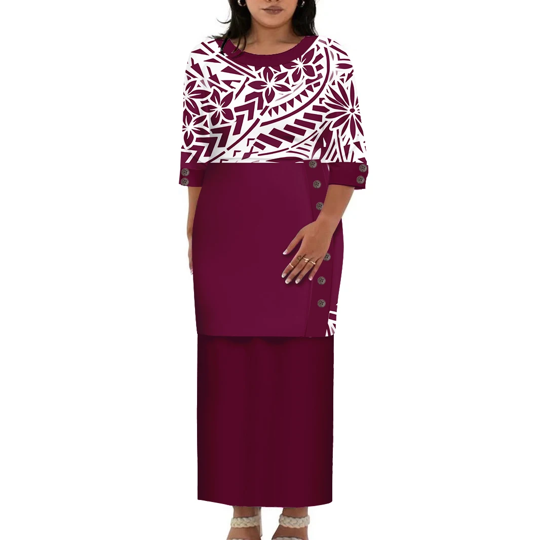 ชุดเดรสยาวไซส์ใหญ่สไตล์ฮาวายสำหรับผู้หญิง ออกแบบเองได้ ชุดโพลินีเซียนแบบโพเลตาซี ปตากา คอทรงโอ ชุดออกงาน 2 ชิ้น