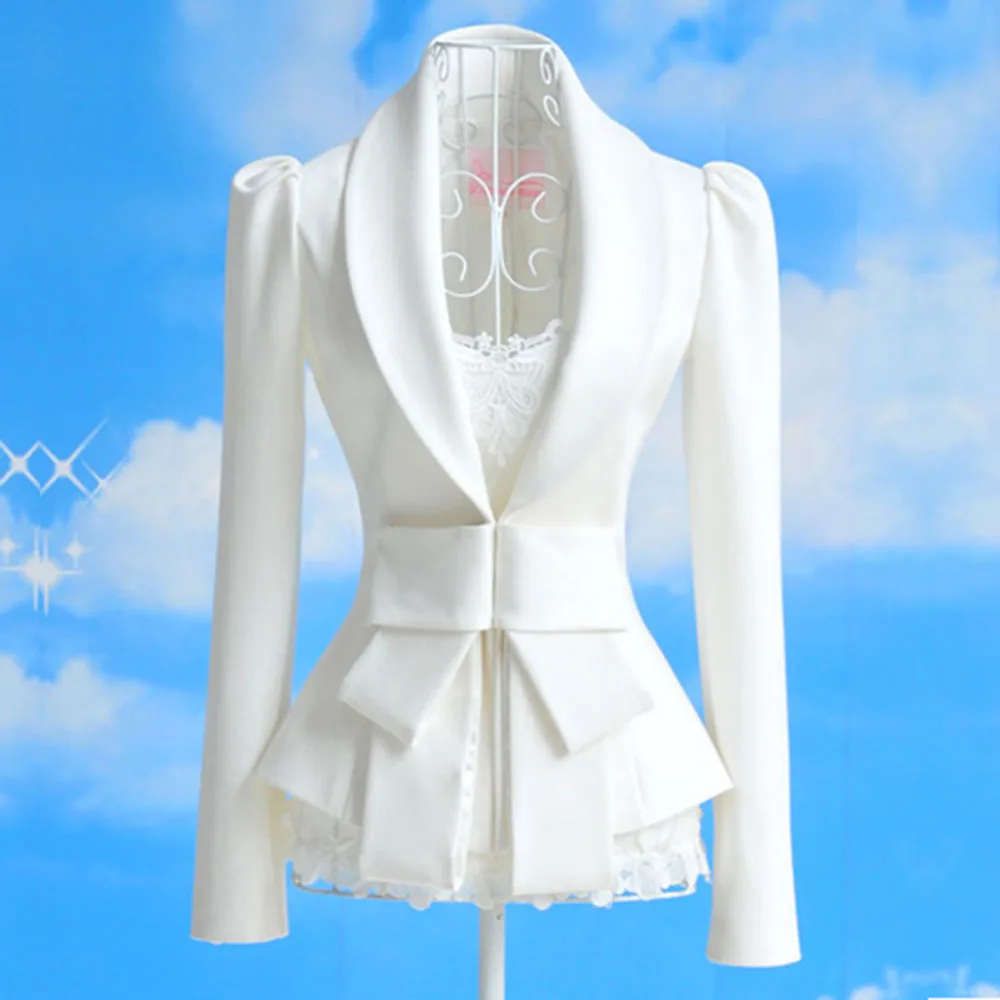 Vintage Women Clothing England White Blazer Casual Long-Sleeve Slim Bow Patchwork Elegant Suit Jackets Ladies Blazers Outwear