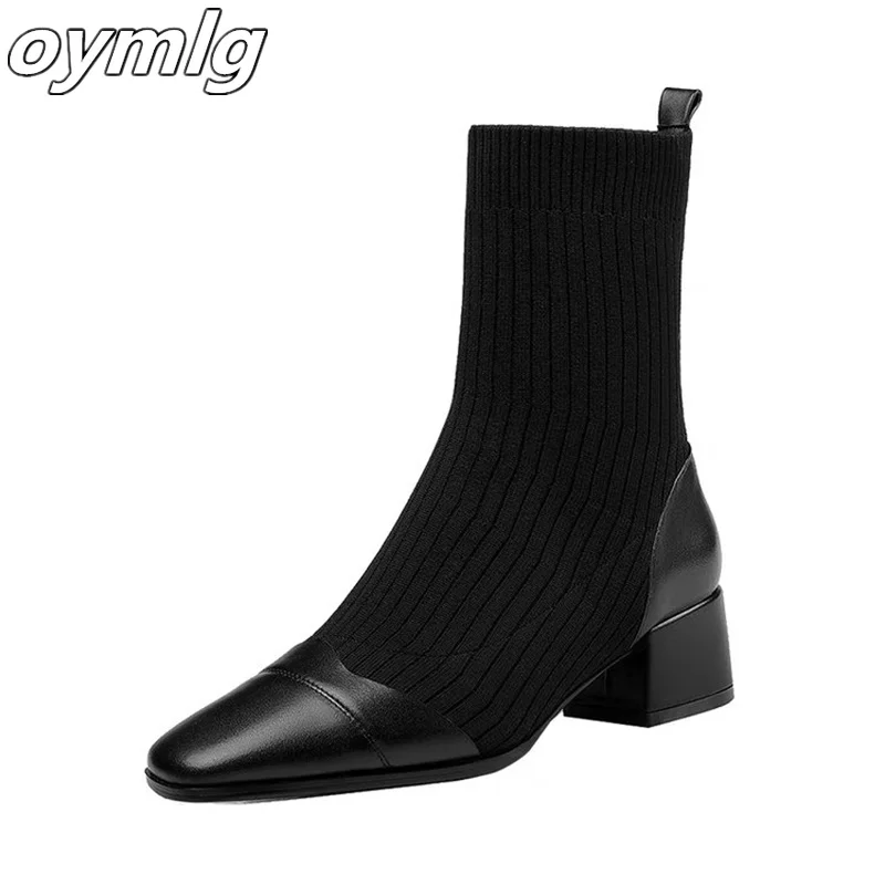 Square Head Slim Boots 2023 Autumn New Simple and Stylish Thick High Heel Boots Sleeve Knitted Short Boots for Women