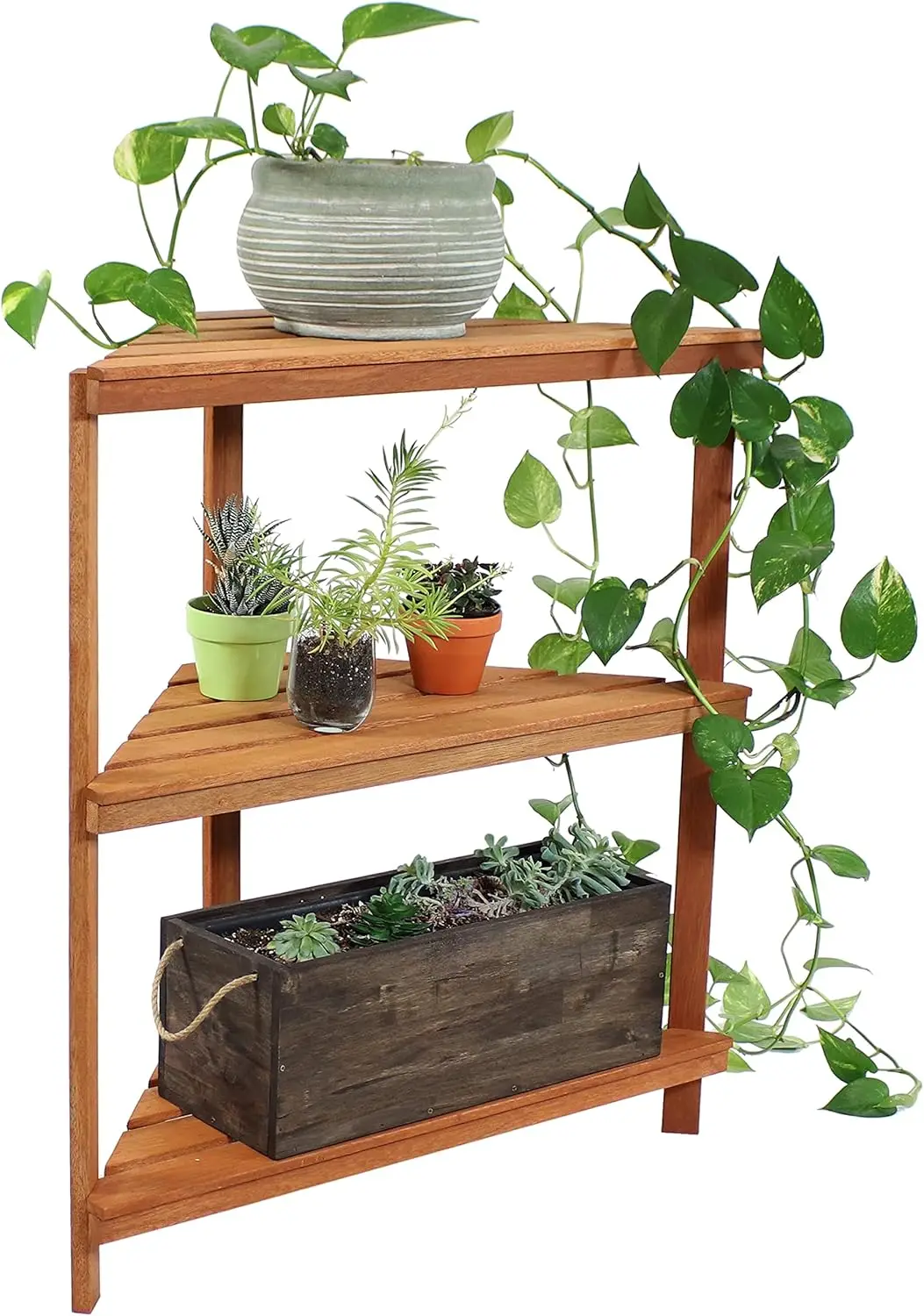 Wood 3-Tier Corner Plant Stand Shelves with Teak Oil Finish - Indoor/Outdoor Wooden Planter Furniture - Potted Plant Holder Tabl