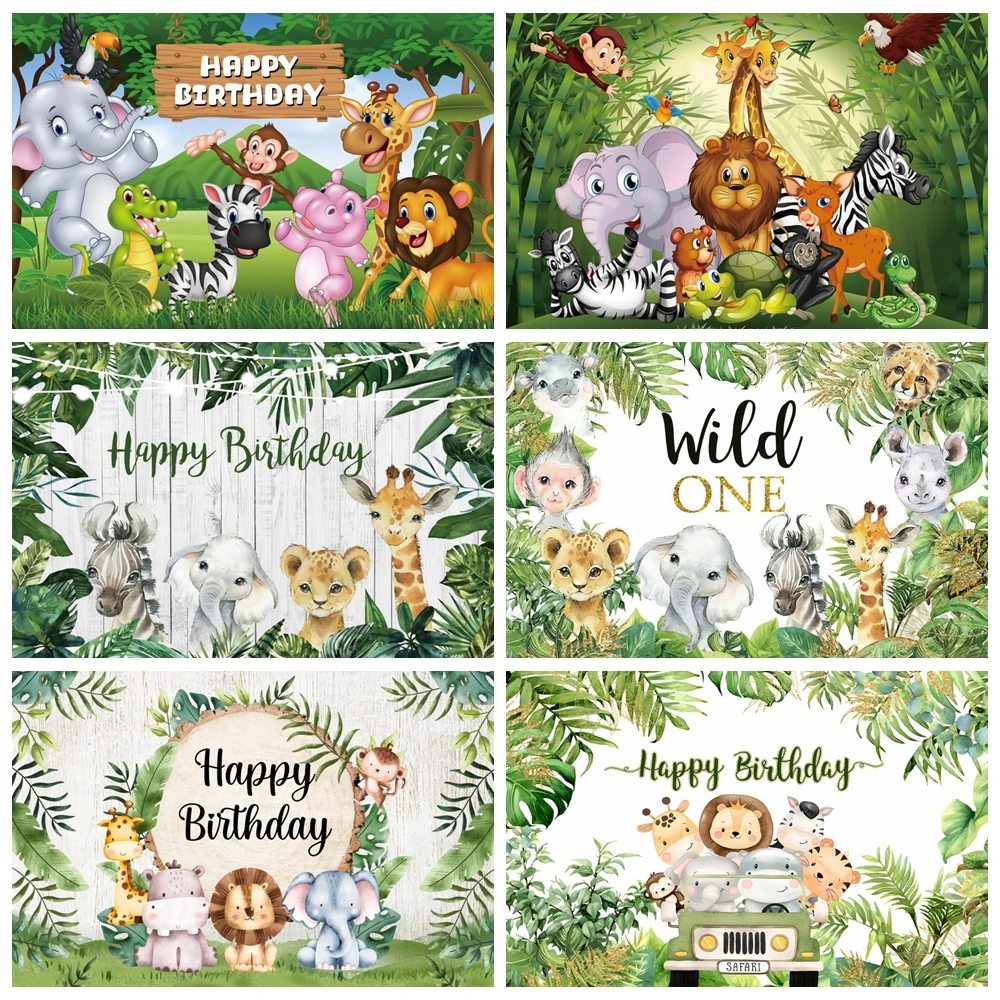 

Jungle Safari Animals Wild One Backdrop for Boy Girl 1st Birthday Party Newborn Baby Shower Photography Background Photo Studio