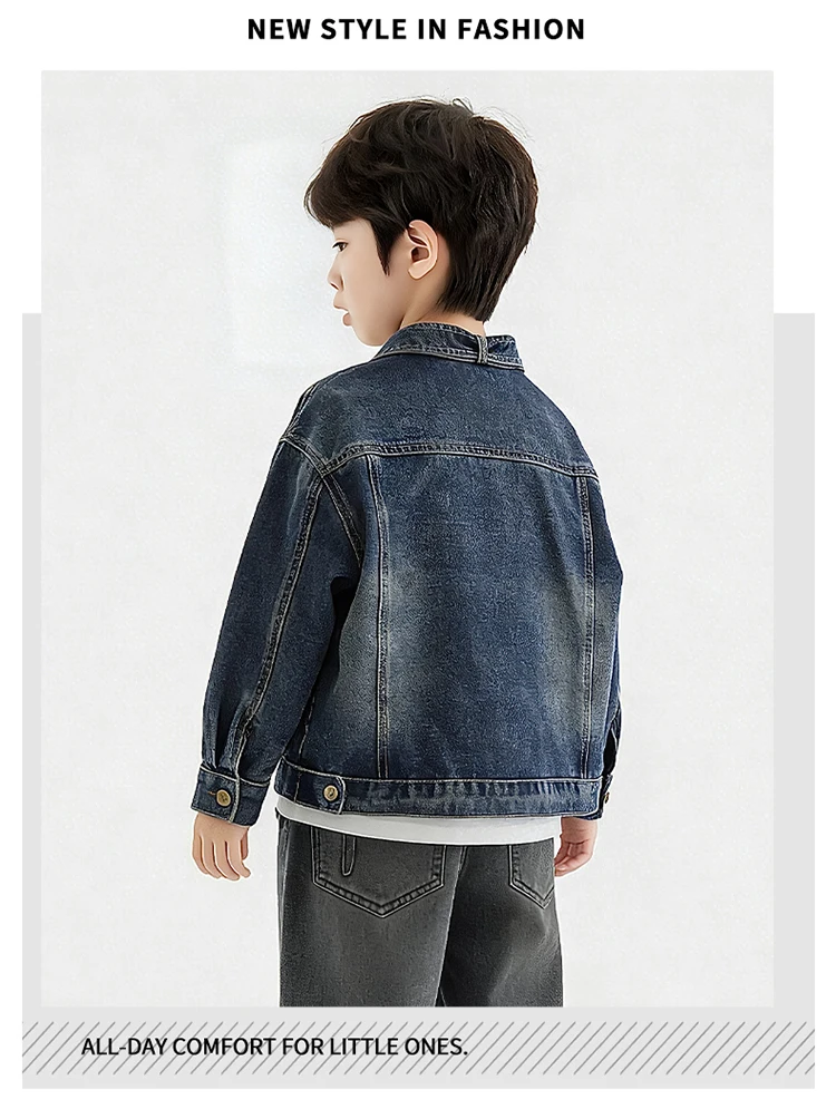 Neue Herbst-Kinderkleidung: Coole Jeansjacke für Teenager-Jungen, Vintage Blaue Jeansjacke mit Fronttasche, Lässiges Kinder-Outfit 5-14 Jahre – Detail 3