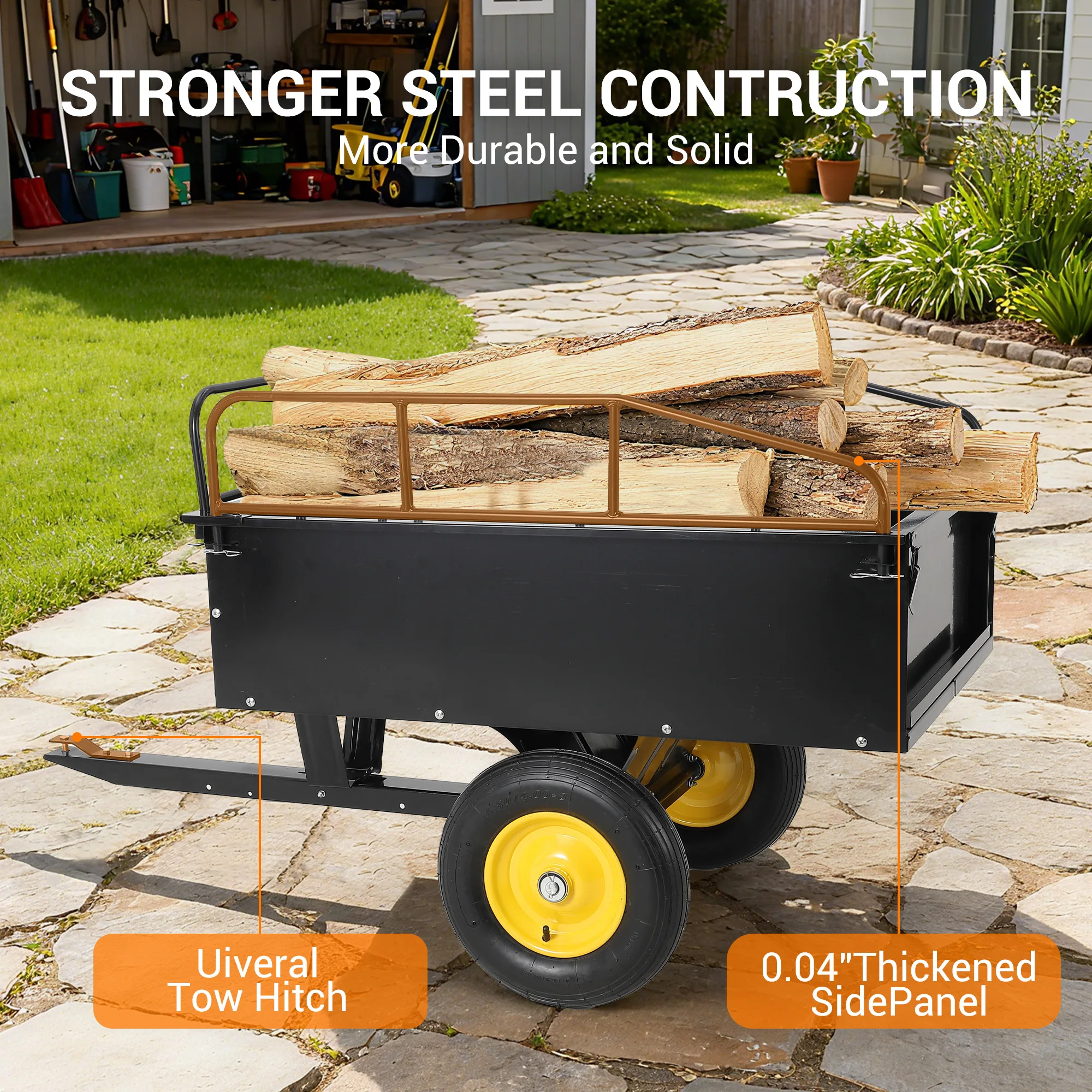 500 Lbs Steel Garden Cart on Wheels Heavy Duty Garden Wagon Cart Pullable Dump Cart for ATV UTV Tractor Lawn Mower Capacity Utility Trailer with 2 Sturdy Wheels & Removable Tailgate - for Yard, Garden, Landscaping, Outdoor Hauling