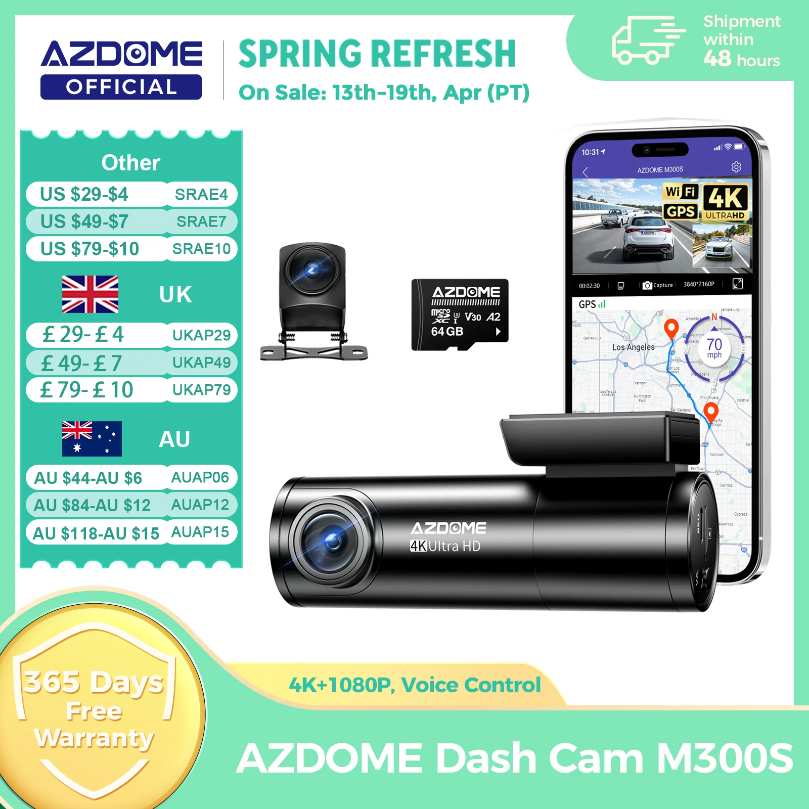 AZDOME M300S Dash Cam 4K+1080P Car Rear Camera Dash Cam 800MP Lens Built-in GPS WIFI Car DVR Voice Control Night Vision 후방카메