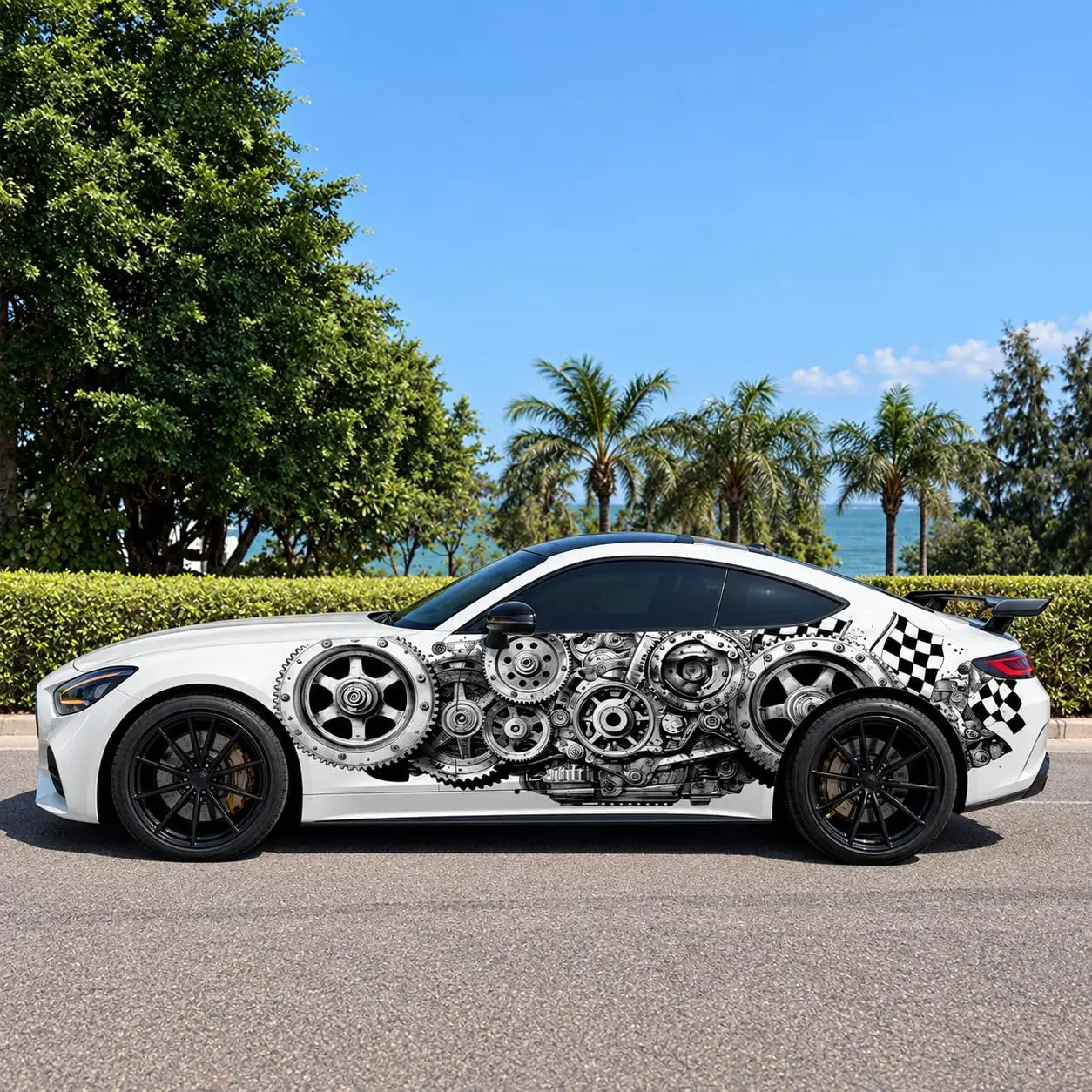 Steampunk Gears & Checkered Flag Car Side Vinyl Wrap Decal