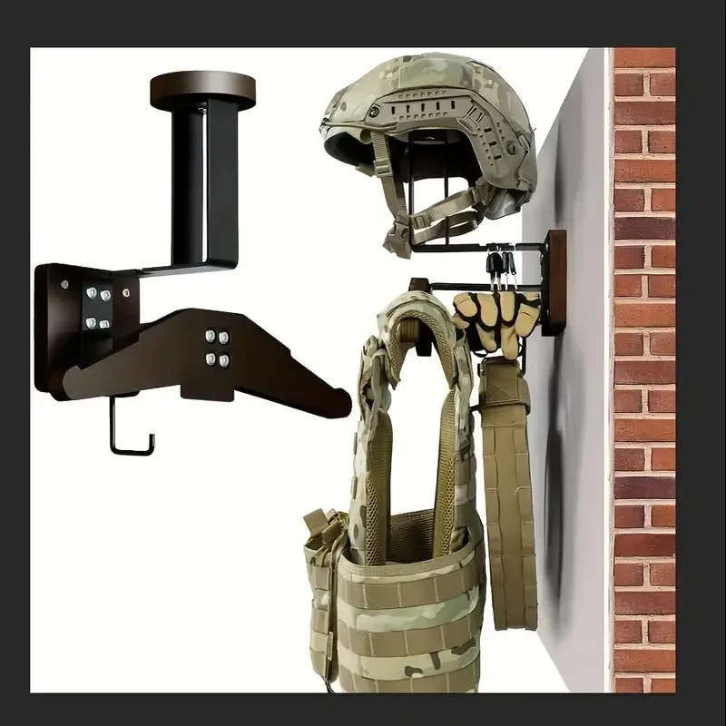 Stainless Steel Wall Mount with Wooden Motorcycle Helmet Holder for Tactical Helmets, Vests and Motorcycle Accessories Storage