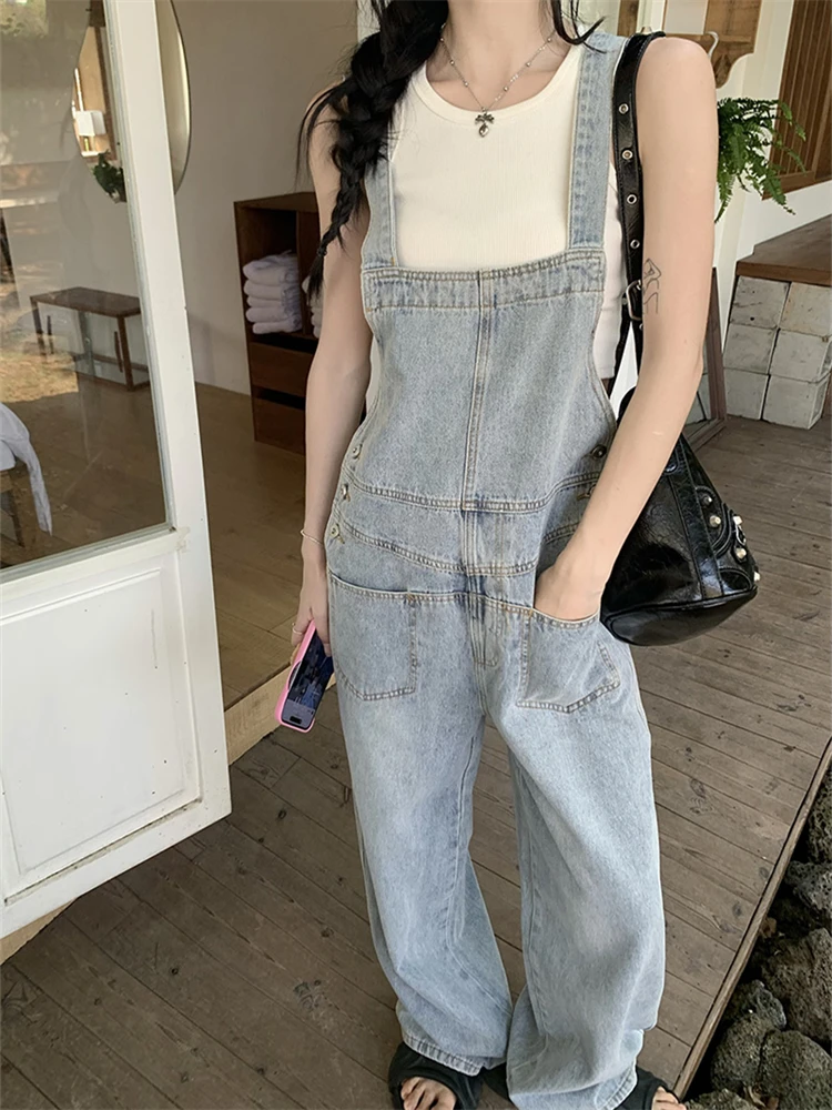 Women's Light Blue Vintage Fashion Overalls Girl Wide Leg Suspender Jumpsuits Pants Female Streetwear Rompers Thin Denim Trouser