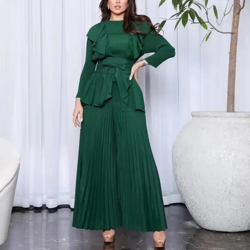 

Lotus Leaf Edge Pleated Pants Two-piece Set 2024 Autumn New Item Solid Color Loose Long Sleeved Top+wide Leg Pants Set