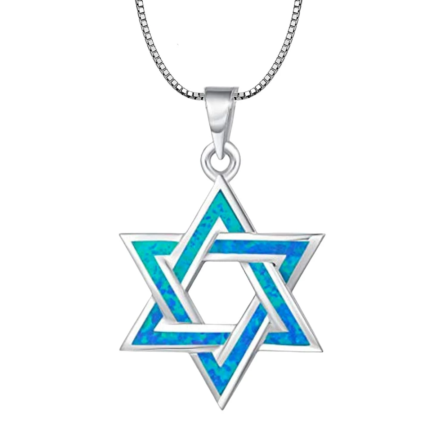 Collar con colgante de estrella de David de ópalo de fuego azul, joyería judía chapada en K blanco, regalo Judaica Unisex, regalo de gargantilla de cristal curativo para