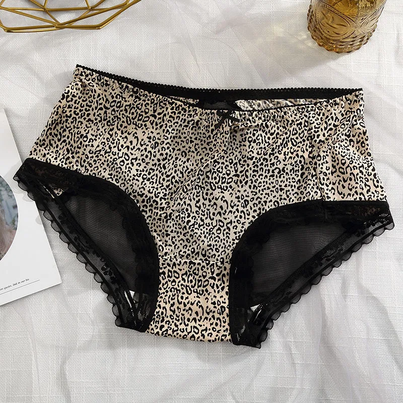 Ice Silk Leopard Pattern Sexy Women\'s Underwear Transparent High Waist Cotton Crotch Traceless Panties Bow Mesh Briefs Lingerie