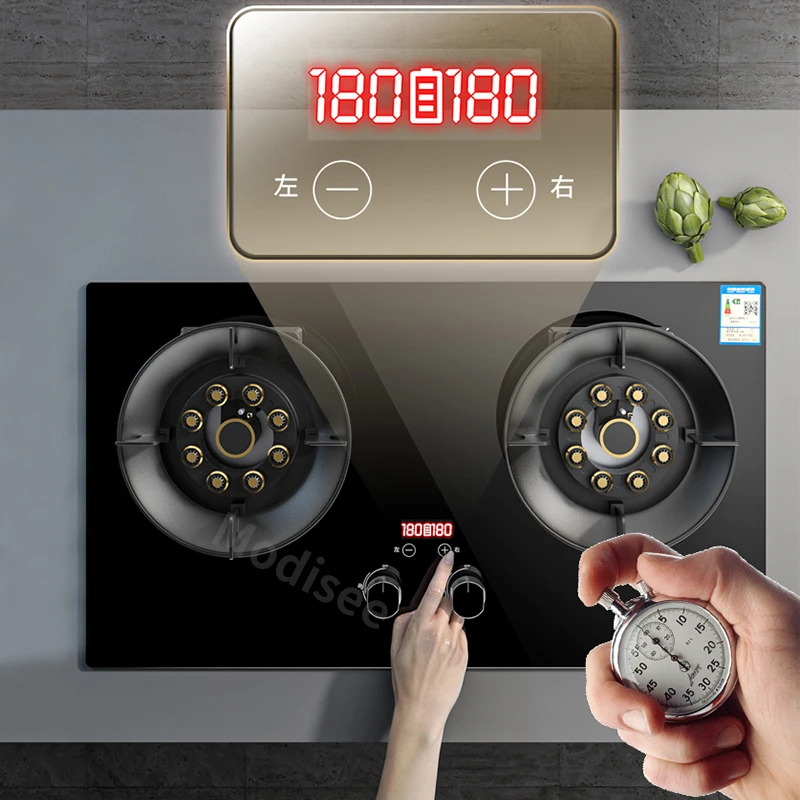 Dual-Use Gas Panels Gas Cooktop Stove Dual Head 4.8-8.5KW Kitchen Embedded Natural Gas/LPG Timing Stove Home Cooker Desktop