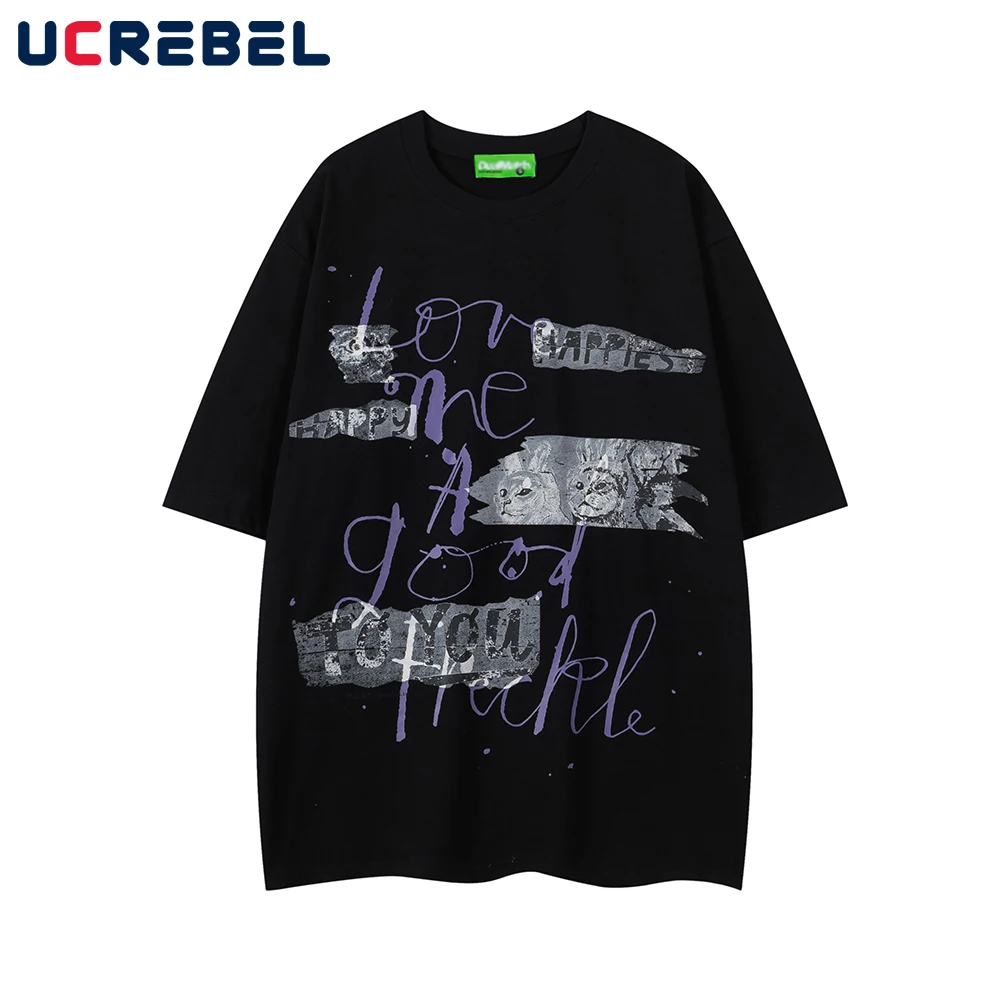 

Cat Print Short Sleeve T-shirt Mens Retro High Street Summer Cotton Tee Loose Crew Neck Half-Sleeve Tshirt Men