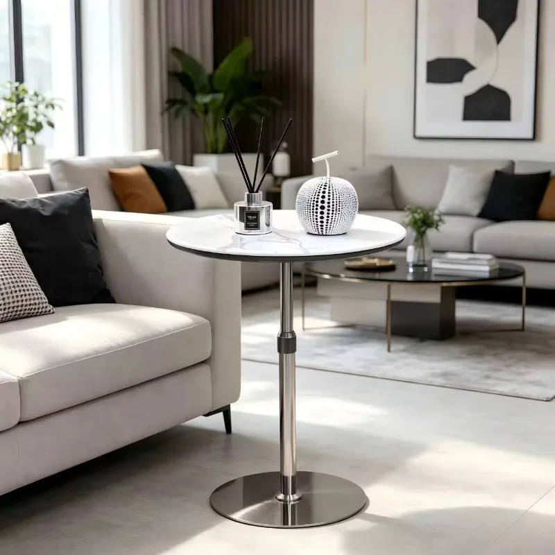 Modern Luxury Stainless Steel Height Adjustable Movable Side Table, Sofa End Coffee Table for Living Room Balcony Bedroom
