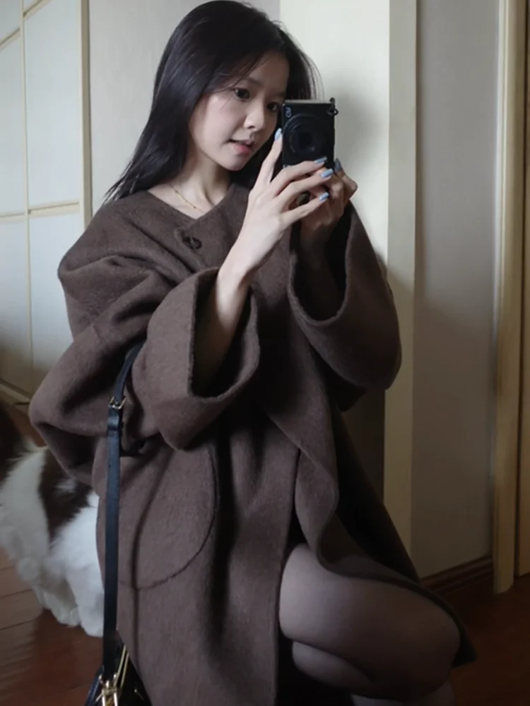 Manteau en laine ample pour femme, Long, mi-long, automne-hiver, mode coréenne, sensation Premium, Vintage, argent, vêtements d'extérieur